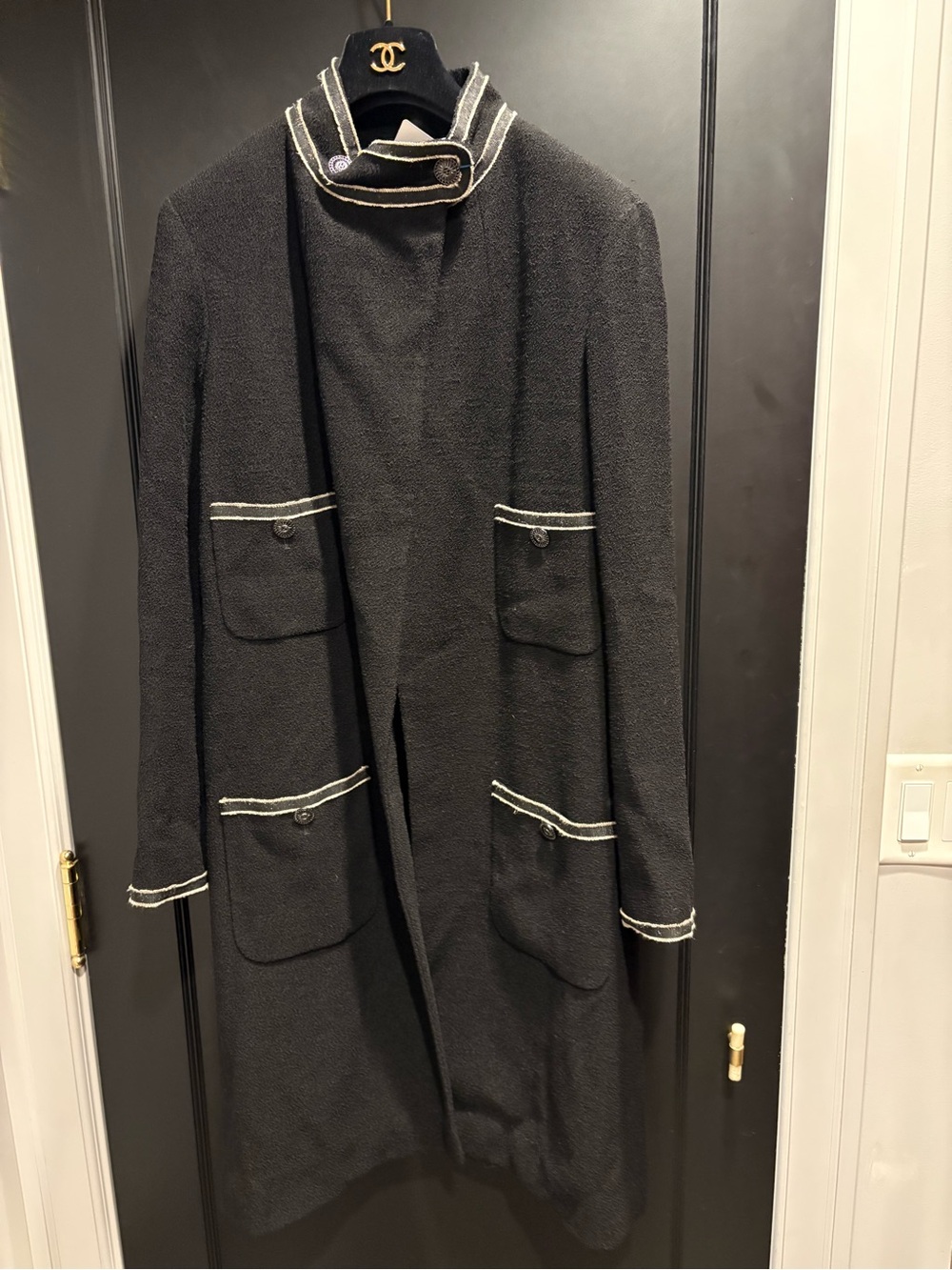 Chanel tweed gross grain trim cc buttons coat light weight size 44 us 12 wool